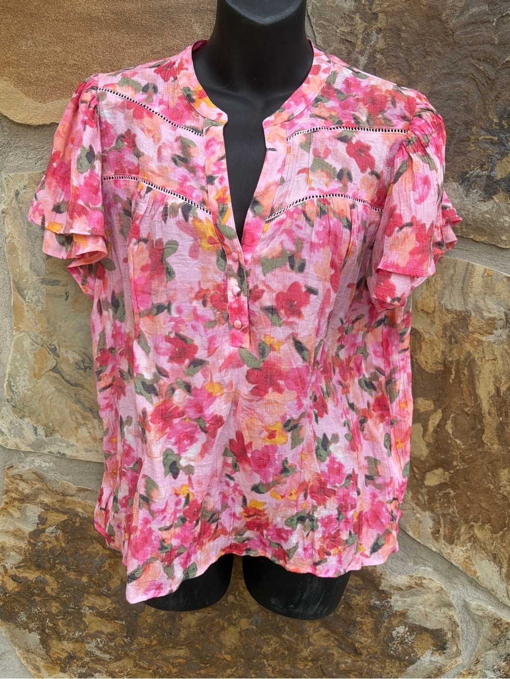 Nanette Lapore Floral Popover Blouse Top Barbiecore Pink